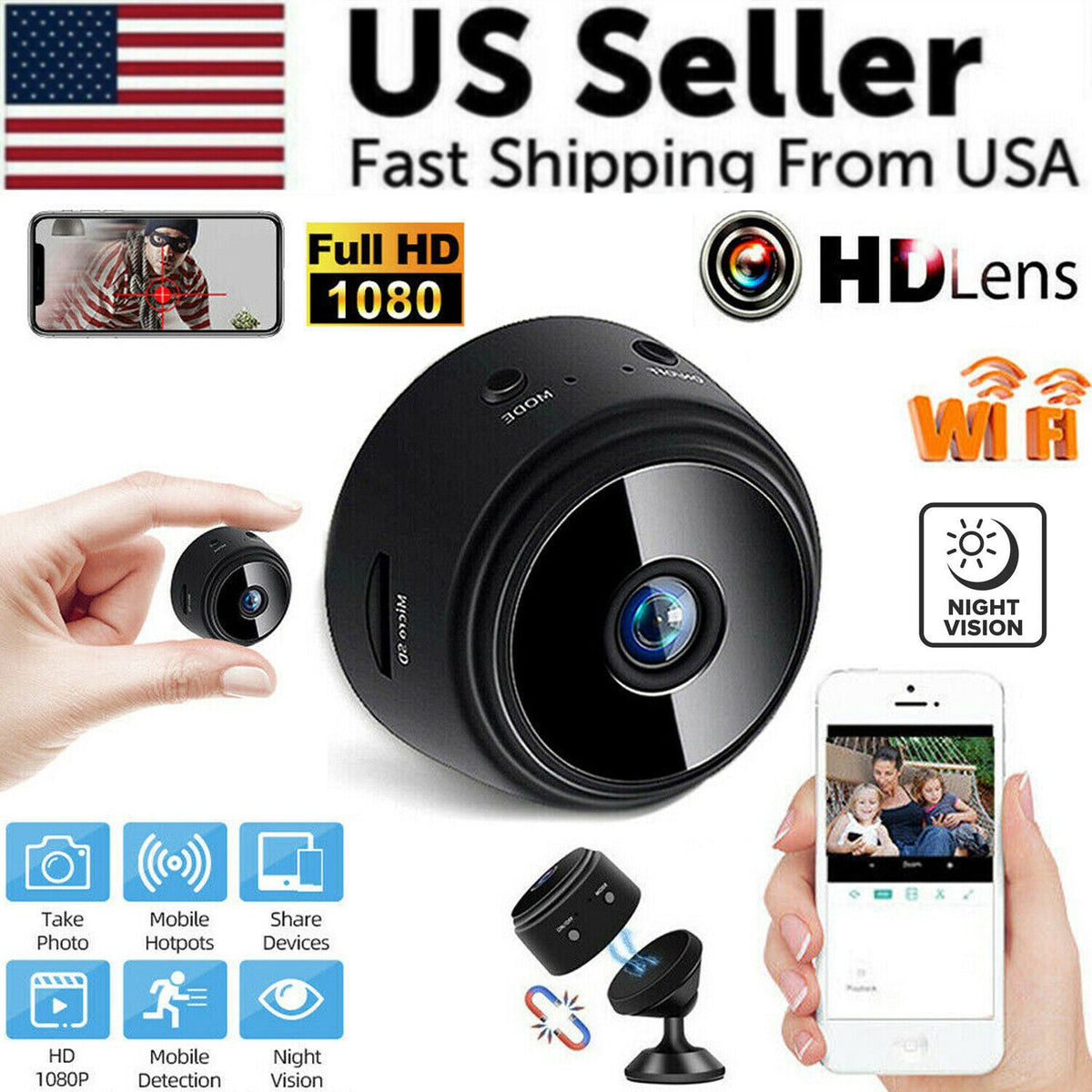 Mini Compact WiFi Home Security Camera – Night Vision HD USB 1080P